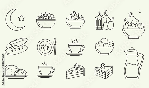 Premium Ramadan Healthy Food Icon Set - 15 Minimalist Line Art Graphics for Iftar Menus, Islamic Blogs, Bakery Branding  Eid Celebration Assets