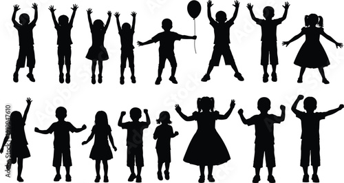Black silhouette vector illustration of happy children jumping and playing, diverse kids group for childhood, education, and school community concepts