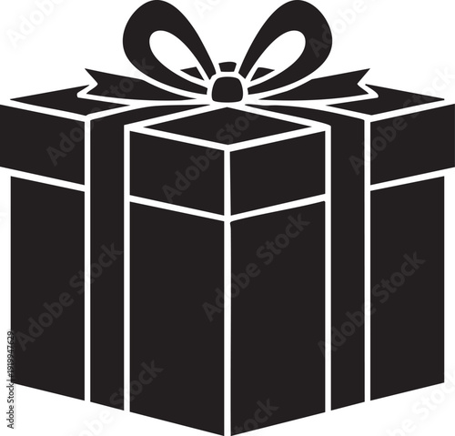 A classic black silhouette of a gift box with a perfectly tied ribbon and bow, representing a timeless symbol of giving and joy.