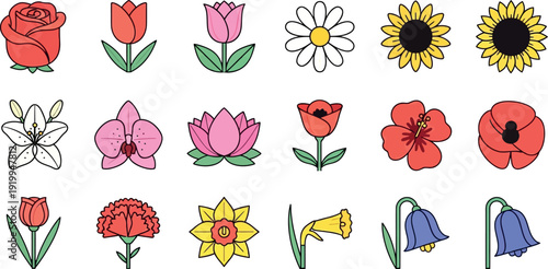 Collection of stylized cartoon flowers including rose tulip daisy sunflower orchid lotus poppy daffodil and bluebell