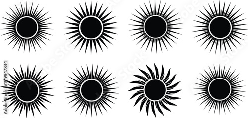 Black sunburst icon set, solar star symbols, sun rays collection, geometric light burst elements, summer weather logos, abstract sparkle shapes, isolated.