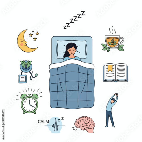 Woman Relaxing in Bed with Calming Icons