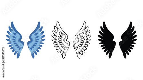Wing icon set with blue, black, and white angel wings illustrations