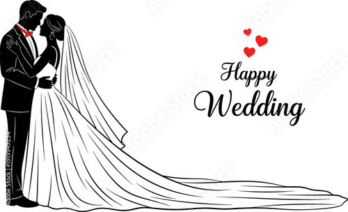 Wedding Couple Silhouette with Happy Wedding Text, Romantic Bride and Groom Embrace, Elegant Marriage Celebration Card Vector Illustration with Hearts.