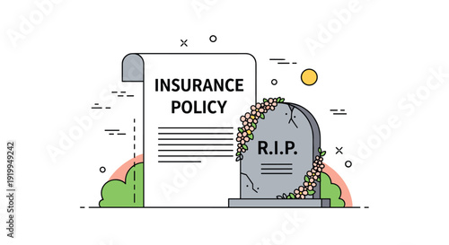 Life insurance policy document displayed alongside a stone tombstone with rip engraving to represent estate planning and final expenses.
