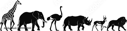 African safari animal silhouettes collection, set of wild giraffe elephant ostrich rhino gazelle and lion vector isolated on white background.