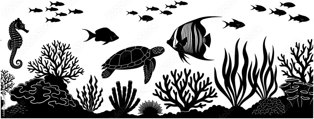 Εκτύπωση καμβά Underwater coral reef silhouette collection, sea turtle and seahorse vector icons, tropical fish and marine life graphics, aquatic nature scene
