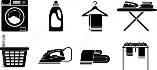 Laundry and washing icon set, laundry service symbols collection, washing machine iron and clothes basket vector silhouettes isolated on white background.