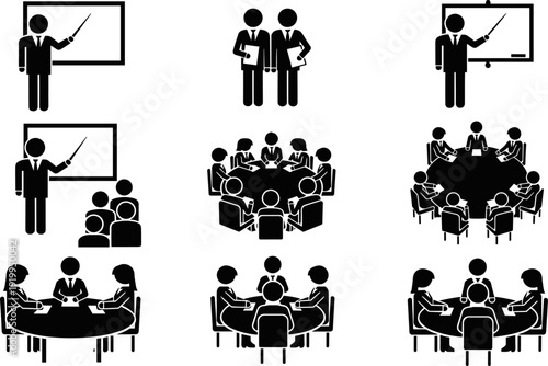 Professional corporate business meeting and office presentation silhouette icons, team collaboration workshop, seminar leadership training, board room conference design elements.