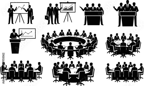 Business meeting and presentation silhouette set, corporate office workshop vector icons, professional team collaboration graphics, seminar conference board room elements.