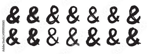 Ampersand bold letter mark ink brush grunge style set. Ampersand punctuation mark for lettering, social media, logo. Hand drawn icons isolated on white background