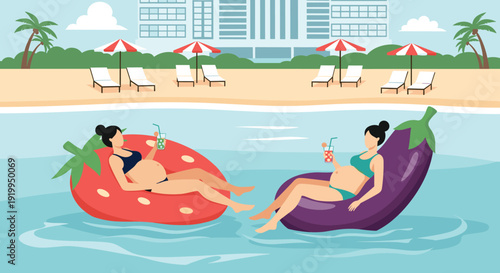Two pregnant women relaxing in large fruit shaped floats in a hotel pool while enjoying drinks during their maternity vacation by the beach.