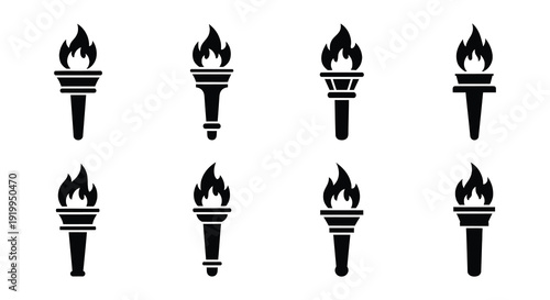 A collection of black silhouette torch icons in varying designs