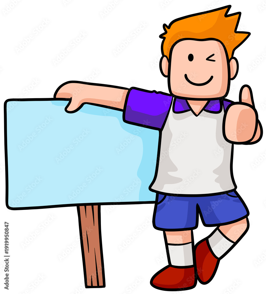 Obraz premium Cartoon boy pointing to blank sign board isolated on white background