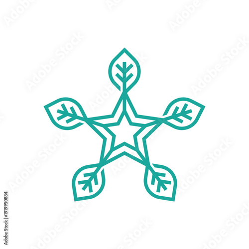 Minimalist green eco star logo composed of five stylized leaves radiating from a central star, evoking nature, sustainability, organic products, environmental protection and eco-friendly branding for 