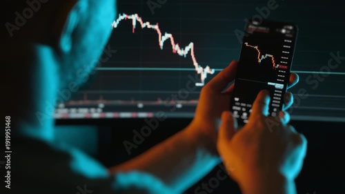 Person analyzing stock market candlestick chart on smartphone with financial graph on screen in background.
