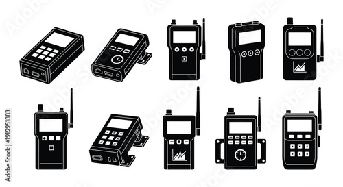 Collection of black and white walkie talkie and mobile phone icons