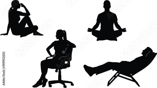 Silhouette set of people sitting in different poses, relaxing, meditating, thinking on floor, office chair, and recliner for wellness