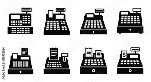 A collection of black and white cash register and receipt icons