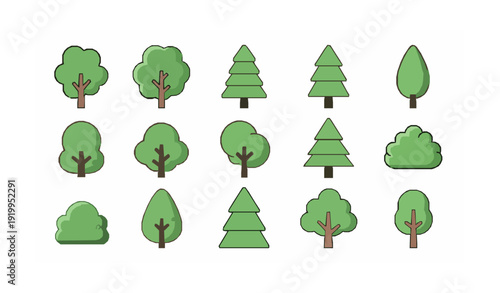Rounded flat green tree icon set for books banners and infographic design isolated on white