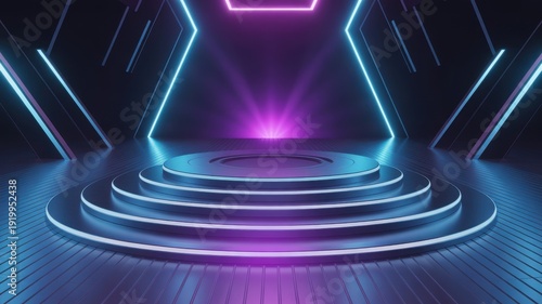 Futuristic dark stage with neon blue and purple lights and circular platforms