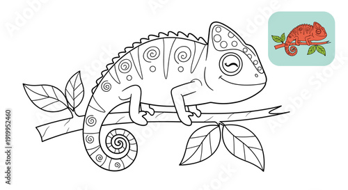 Coloring page for children features a detailed outline of a chameleon on a branch with a small colored reference image in the corner.