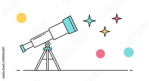 Astronomical telescope on a tripod pointed toward a starry sky with colorful planets in a simple flat line art style.