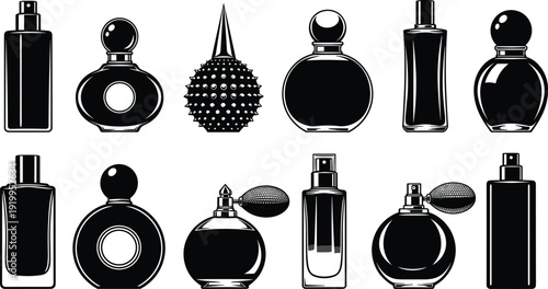 Collection of elegant black perfume bottle silhouettes with vintage and modern designs isolated on white background, cosmetic packaging vector illustration set luxury beauty branding