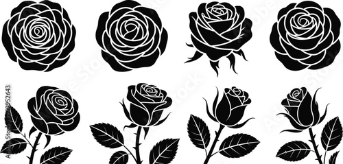 Collection of detailed rose flower silhouettes with leaves isolated on white background black vector illustration decorative floral set