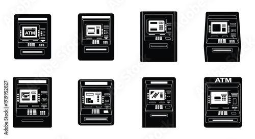 Collection of black and white atm machine icons in various styles