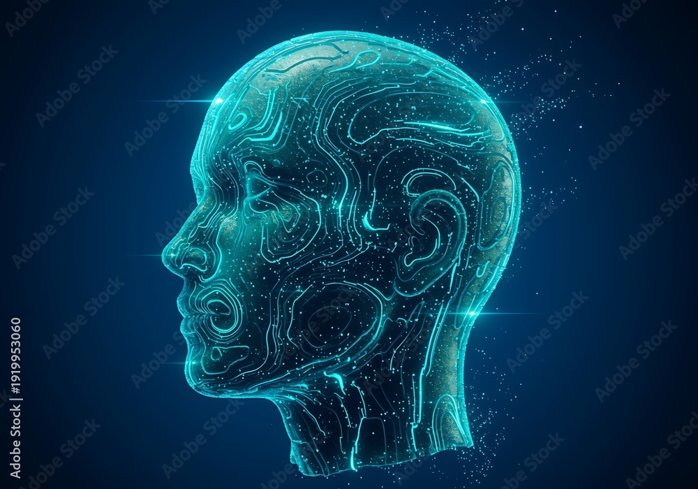 Obraz premium Digital depiction of a futuristic human head with neural network patterns glowing in blue.