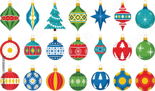 Colorful Christmas Bauble Vector Set with Traditional Holiday Ornaments, Festive Patterns and Decorative Tree Balls Collection
