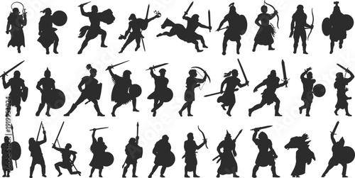 Ancient warrior silhouettes collection, medieval knight and fantasy fighter black vector illustration set isolated on white background design