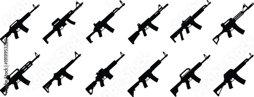 Assault rifle silhouettes collection isolated on white background, modern military firearms weapon set tactical gun illustration