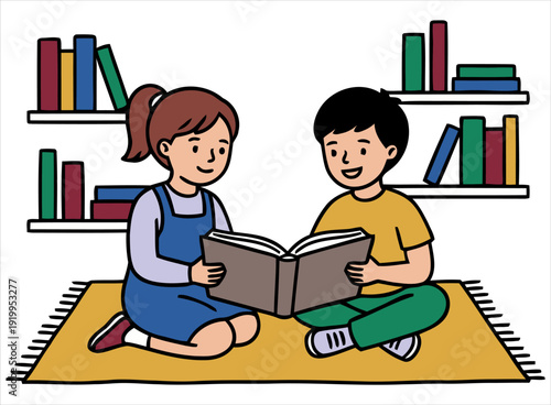 Children reading together in a cozy library