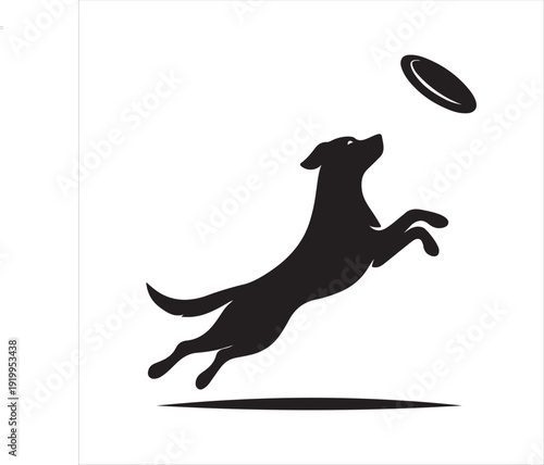  Dog catching frisbee vector silhouette line art logo design concept illustration