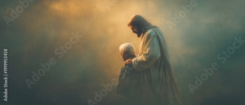 Jesus Christ placing a comforting hand on an elderly shoulder.
