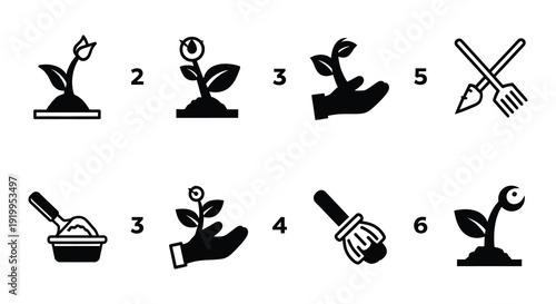 Plant growth stages illustrated with simple black icons and a watering can