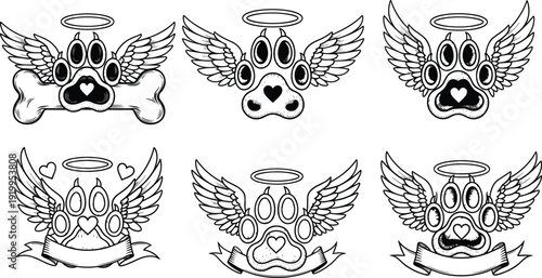 Angel dog paws with halo wings and bone ribbon, cute heavenly pet guardian designs, black white vector illustrations of adorable winged paws set
