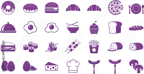 Food Icon Vector Set in Purple Silhouette Style with Burger, Pizza, Sushi, Bread, Cupcake and Restaurant Symbols