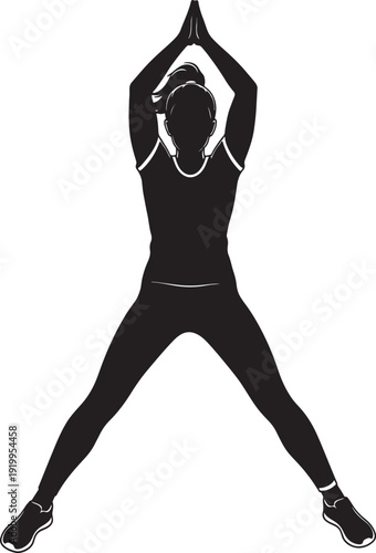 Black silhouette of a woman performing a jumping jack exercise for fitness training