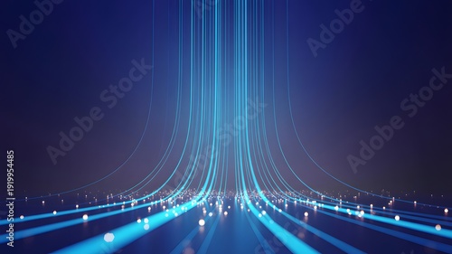 Abstract blue glowing lines rising from illuminated dots on a dark background, representing data flow and connectivity