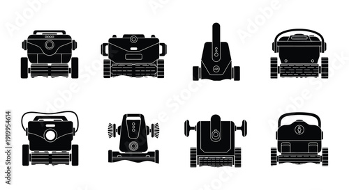 Collection of various robotic pool cleaners illustrated in a black silhouette style