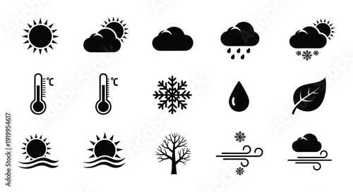 Black silhouette icons depicting various weather conditions and seasons