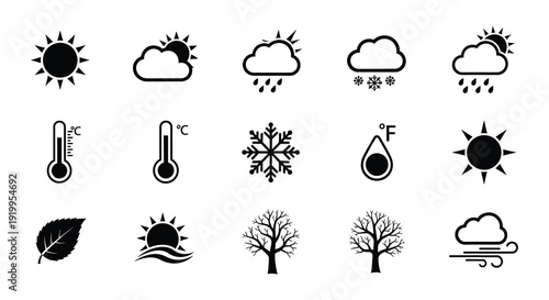 Black silhouette icons depicting various weather conditions and seasons