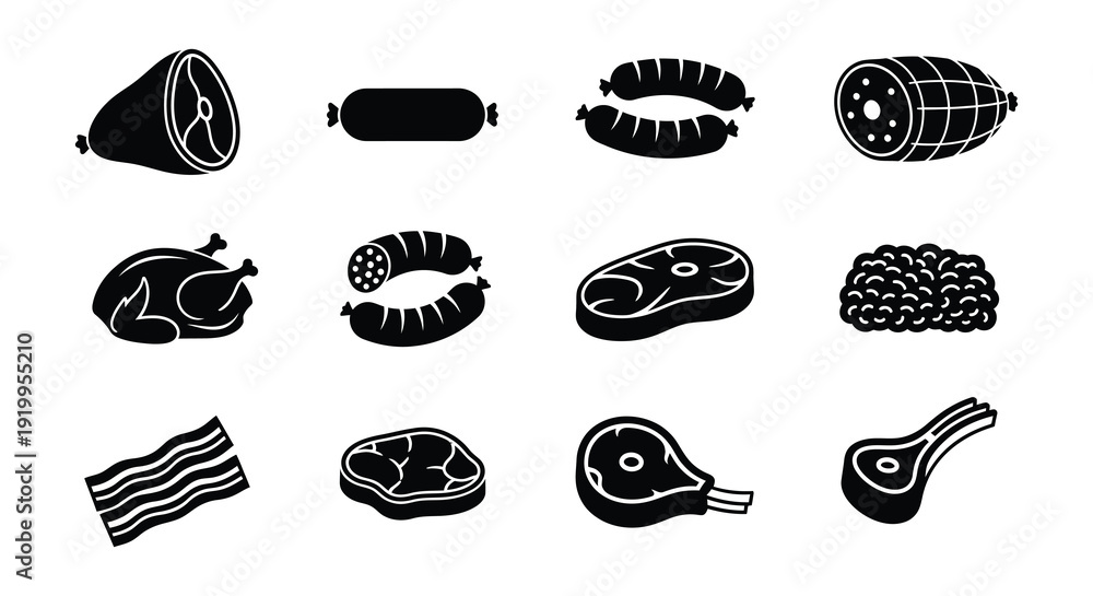 Εκτύπωση καμβά Black and white icons depicting various cuts of processed and raw meat