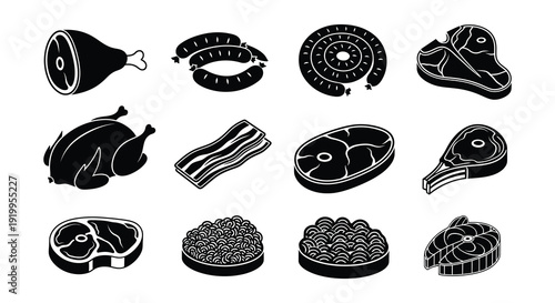 Black and white icons depicting various cuts of processed and raw meat