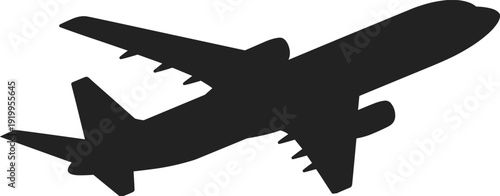 Commercial airplane silhouette, passenger jet aircraft in flight isolated on white background, aviation transport illustration design