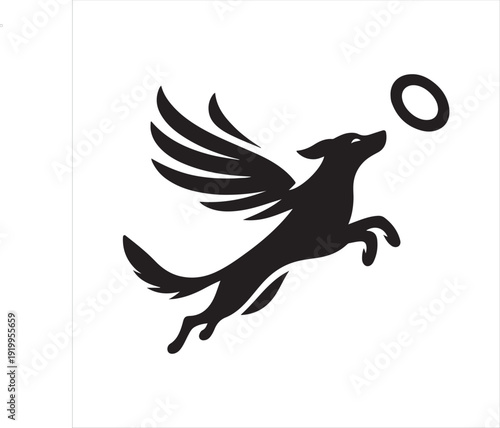  Dog catching frisbee vector silhouette line art logo design concept illustration