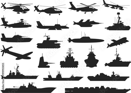 Comprehensive military aircraft and naval fleet silhouettes collection isolated on white background, modern army defense equipment transport illustration set